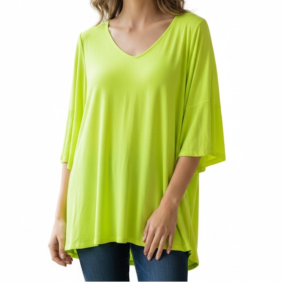 Scarlett Tops - Dear Scarlett Neon Yellow-Green V-Neck Flutter Bell Sleeve Tunic Top Large NWT